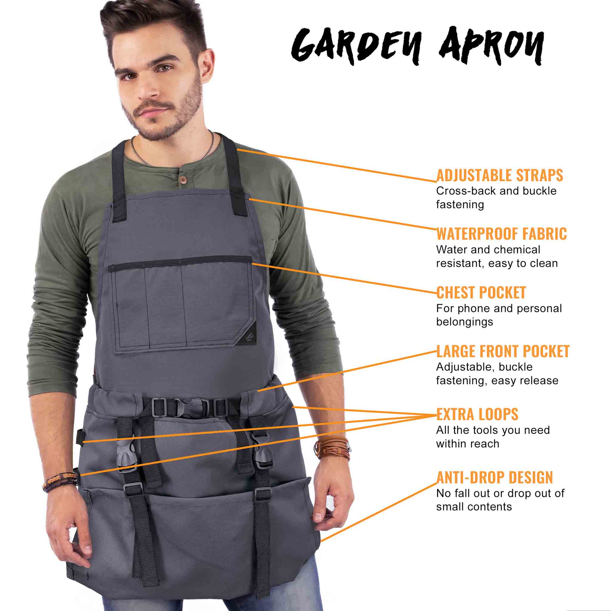 Gardening Apron – Harvest Pouch, Pockets, Loops, Cross-Back Straps